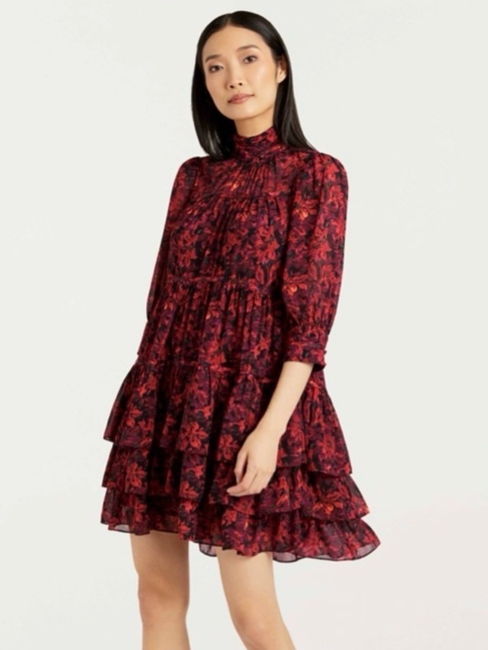Cinq à Sept Stargazer Lilies Red Floral Tiered Ruffle Chiffon Mini Dress Preppy
